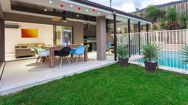 backyard entertaining area and pool in australian home